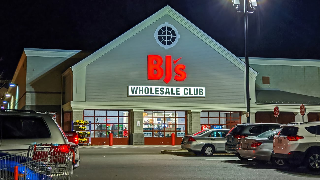 .BJ's wholesale membership club storefront, late night hours, Revere Massachusetts USA, November 1, 2019; Shutterstock ID 1551340898