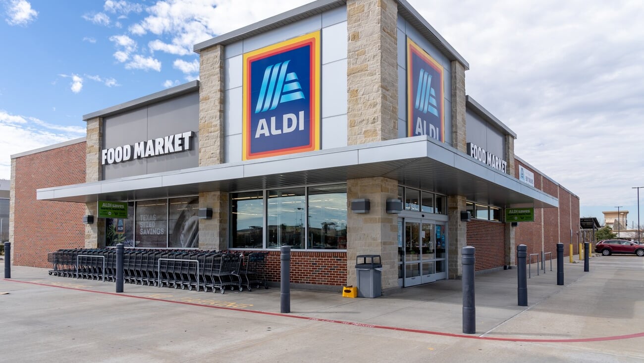 Pearland, Texas, USA - February 19, 2022: An Aldi store in Pearland, Texas, USA. Aldi is the common brand of two German family-owned discount supermarket chains. ; Shutterstock ID 2128774685