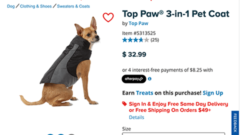 screenshot of website of dog in a coat