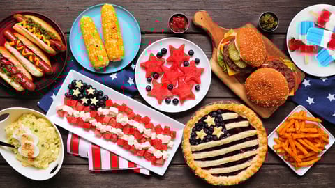 Fourth of July, patriotic, American themed food. Above view table scene on a dark wood background.; Shutterstock ID 1970639198