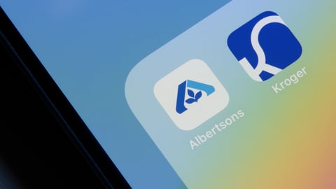 Portland, OR, USA - Oct 20, 2022: Albertsons and Kroger mobile app icons are seen on an iPhone. The Kroger-Albertsons merger has raised fears of store closures.; Shutterstock ID 2218789957