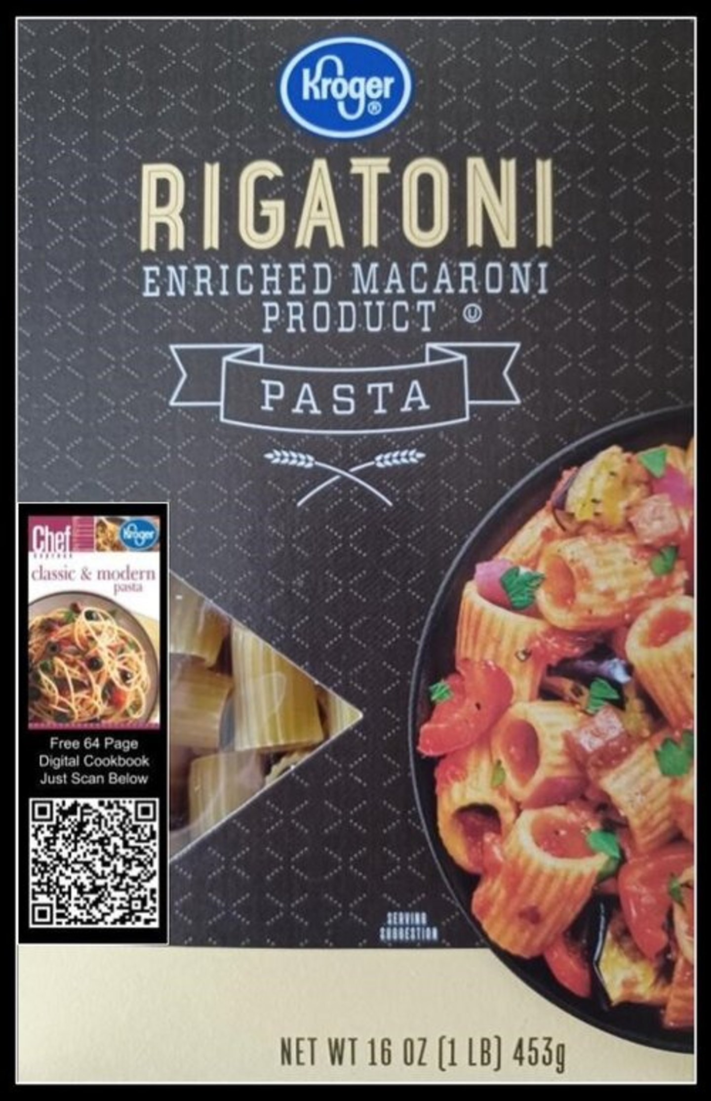 A mock up of a Kroger own brand featuring a QR code for a free cookbook. 