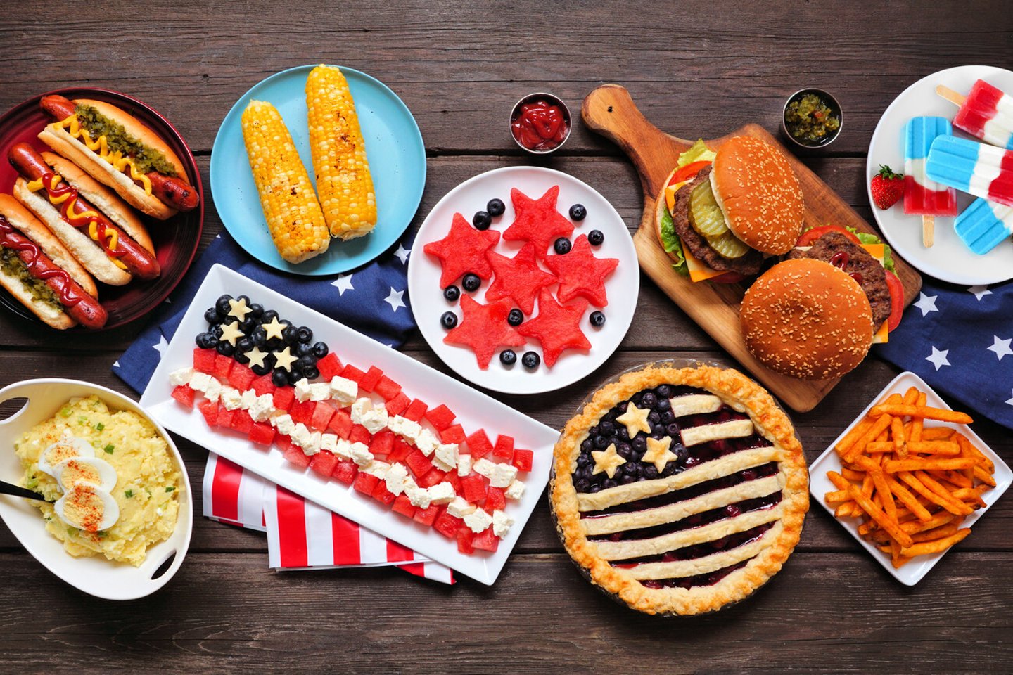 Fourth of July, patriotic, American themed food. Above view table scene on a dark wood background.; Shutterstock ID 1970639198